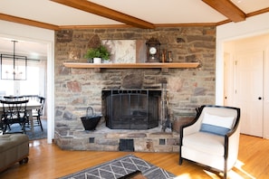 Wood burning fireplace in the living room