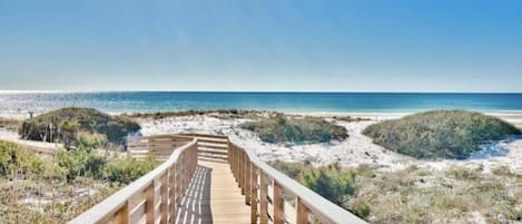 Private deeded beach access- Flat boardwalk- Wagons and strollers allowed. 