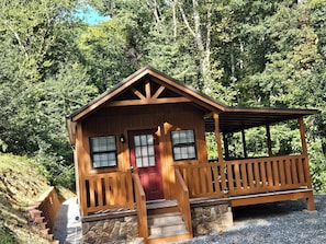 Front view of cabin. Cabin sits below grade