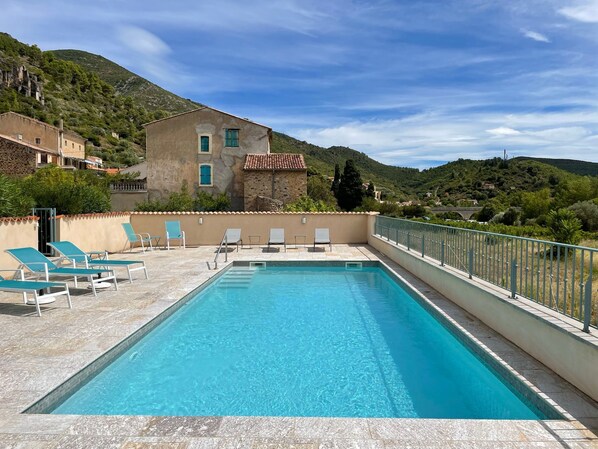 View from the pool towards Roquebrun centre