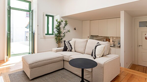 Gorgeous main area, with a big and comfortable couch, access to a patio and a lovely kitchenette #modern #stunning