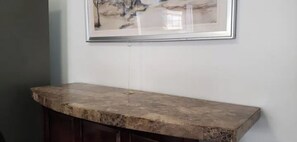 High work or dining surface, complete with power, USB and high chairs. Free WiFi