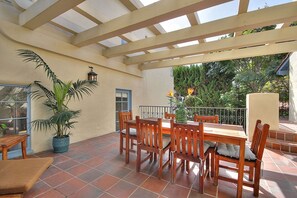 Villa 1 -Outside patio, door to Master Suite 1 (in main house) to the left and steps to Master Suite 2 which is 3rd bedroom to the right