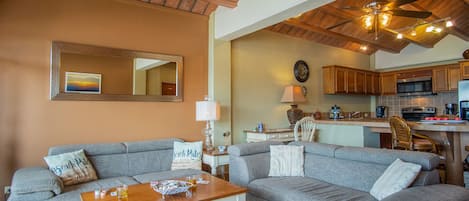 Tiled ceiling, spacious living room