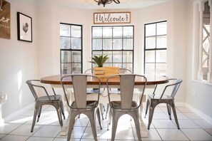 Dining area with vintage wooden table