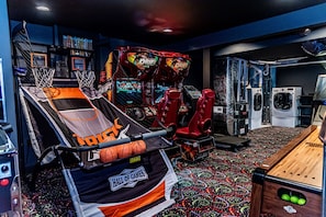 Gameroom with Arcade games, ski ball, basketball, foosball, pool table