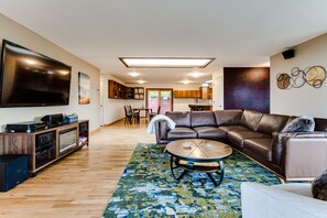 Eugene Vacation Home Living Room, Dining Area, and Back Porch.
