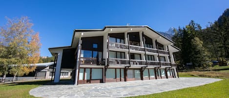 Outside view of stylish apartment building