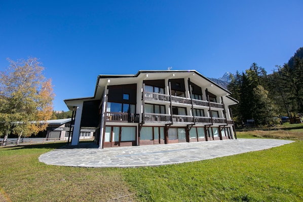 Outside view of stylish apartment building