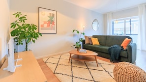After a long day visiting the city, enjoy the comfort of our couch while watching some TV #relax #classic