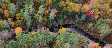 aerial view of the cabin on the river