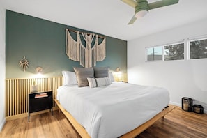 A King Bed with plush sheets - makes for a great night's sleep after a long day hiking through Joshua Tree National Park.