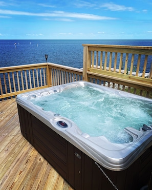 Caldera Spa overlooking the sound on our second-level deck.