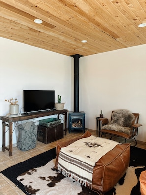 Living room with TV + gas powered fireplace