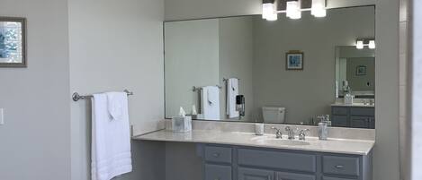 Master bathroom with his and hers sink on opposite side of the tub.