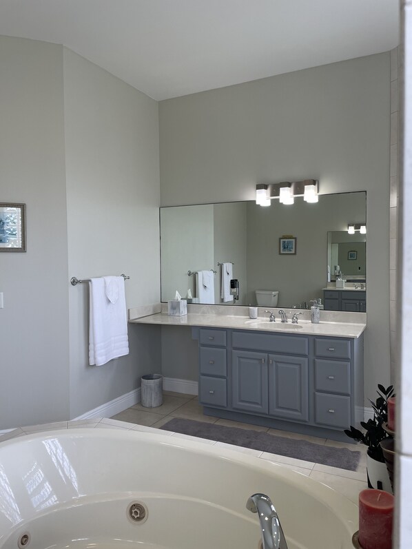 Master bathroom with his and hers sink on opposite side of the tub.