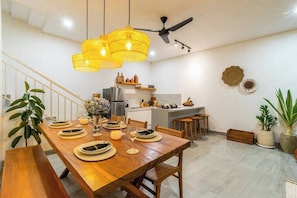 The dining area and kitchen