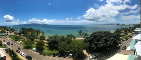 Panoramic view from the balcony over Cleveland Bay to Magnetic Island.