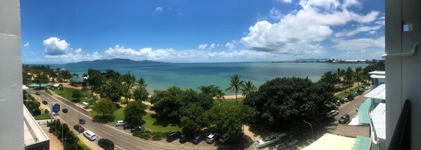 Panoramic view from the balcony over Cleveland Bay to Magnetic Island.