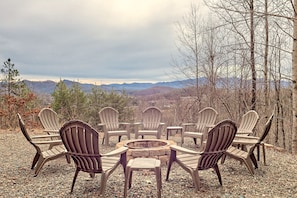 Firepit in the front of the house with mountain view