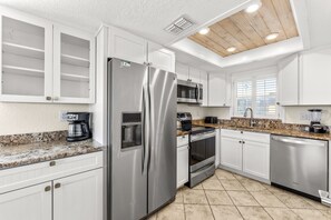 Fully stocked kitchen with modern appliances, ready for home-cooked meals.