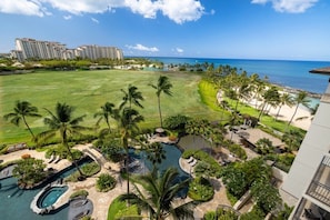 Lanai view of the Marriott Beach Club, pools, and beach