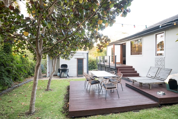 Dine under the shade, fire up the Webber, or relax on the loungers with a morning coffee or sundowner.