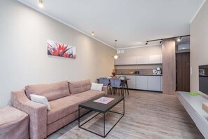 Living area with a comfortable sofa, fold-out pouffe and TV