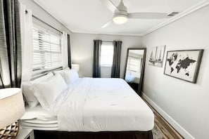 Bedroom 1: King Bed, Full Body Mirror, Fresh Linens