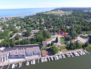 Aerial view of Lake Michigan and the Manistee River.