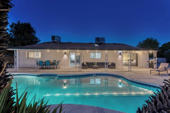 Private backyard with heated Pool