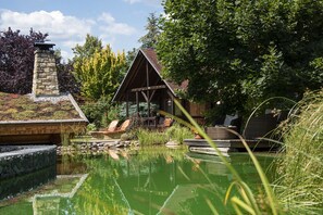 Wellnesshotel Seeschlößchen (Senftenberg), LHS 10610 NEU-Schwimmteich mit Hütten-Appartment im Hintergrund