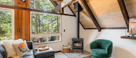 Living room w/ modern sofa, wood burning stove, swivel chair, and smart TV