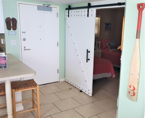 Barn door to guest bedroom