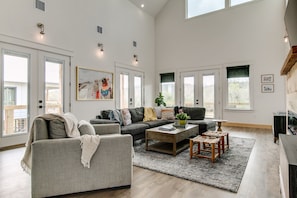 Living Room: downstairs with fireplace + smart tv