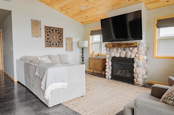 Gas fireplace and 65” smart TV