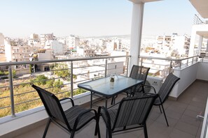 Spacious balcony with city view