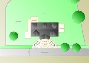 Grundriss mit Parkmöglichkeiten vor dem Haus