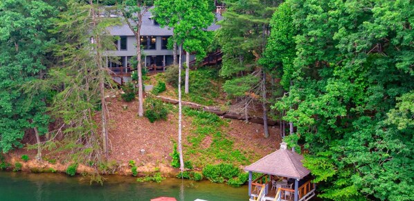 Gleesome Inn- Aerial lake view with gazebo on the lake and full dock access
