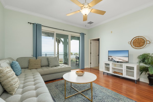 Welcome to this bright, airy, well-furnished ocean-view condo! - There's room for everyone to gather in the living room for games, TV, or to watch the beautiful sunsets! The sofa unfolds into a bed for 2, giving some lucky couple ocean views!