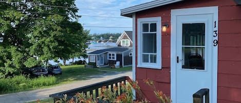 Cottage front door, showing view of Bass Harbor to the South