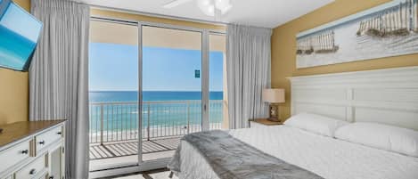 Master bedroom view with balcony access, tv & very comfortable kingsize mattress