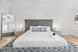 Enjoy our spacious master bedroom with King size bed, full size mirror, TV, etc.