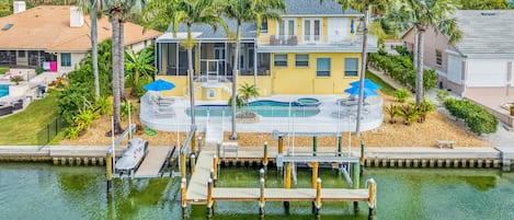 Aerial View of Private Heated Pool & Spa feat. Private Boat Dock Access