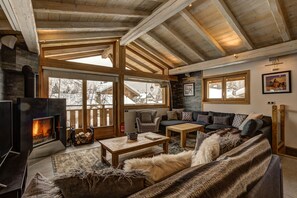 Open plan living room with fireplace