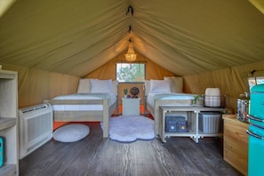 Glamping tent also contains ac/heater and kitchen supplies