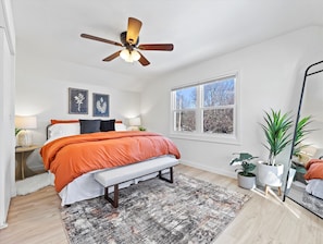 King bed with Stearns & Foster Mattress and smart TV, on the second level