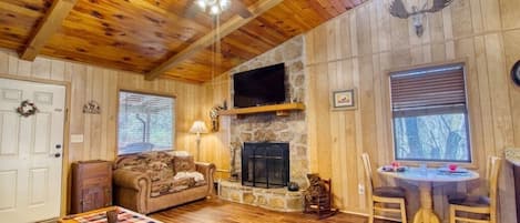 Living room features wood burning fireplace