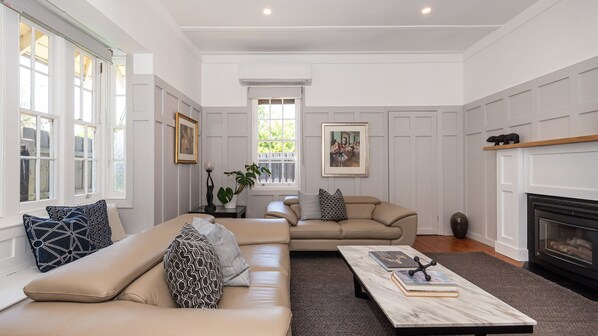 Downstairs living area with fireplace