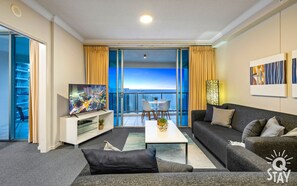 Living room overlooking the city and the ocean